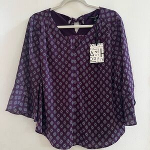 NWT 41 Hawthorn Purple Patterned Flutter Bell Sleeve Blouse Top L Large
